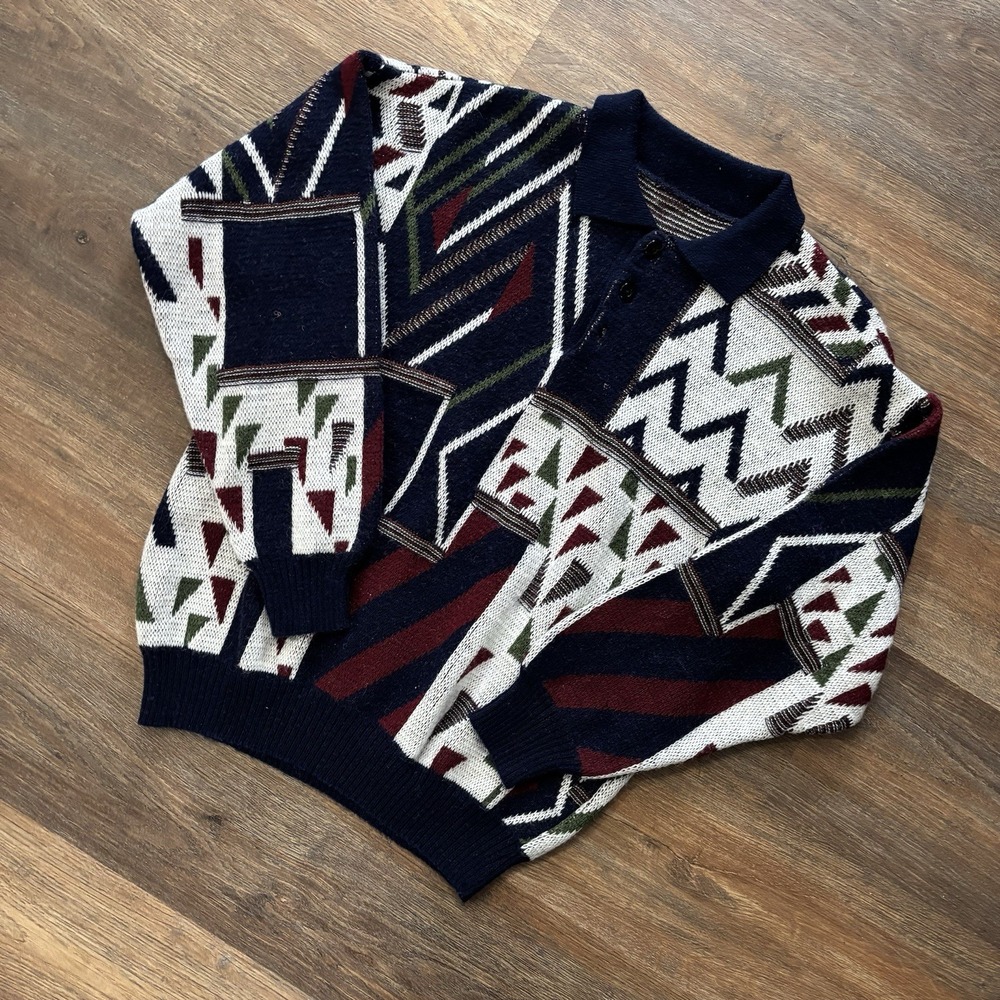VTG 90s Y2K‎ Knit Style Geometric Pullover Henley Sweater Sz L FAIR